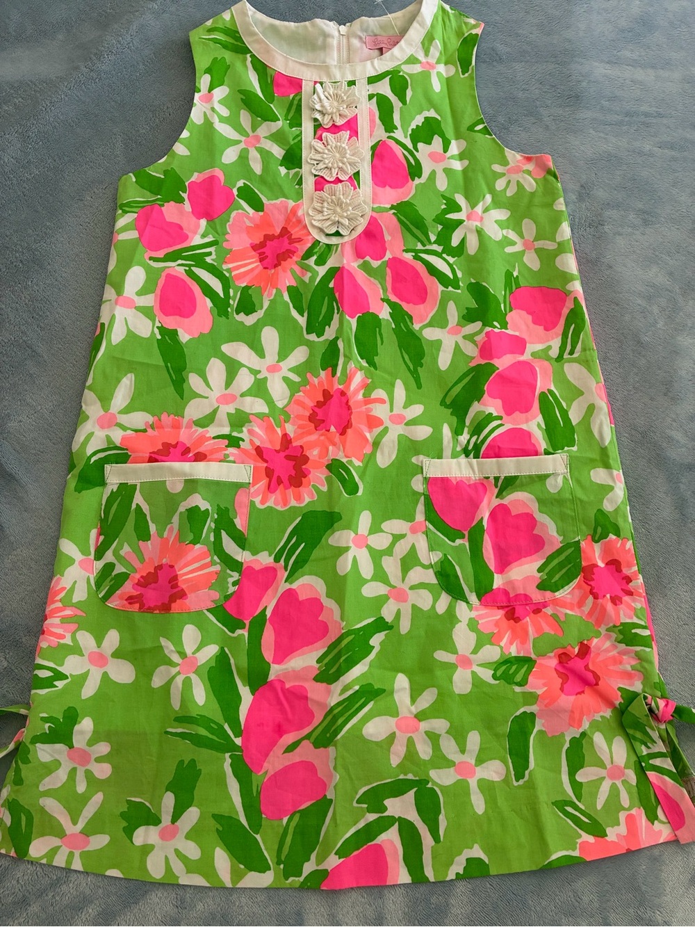 Lilly Pulitzer Green Floral Shift Dress with Pink Accents 12